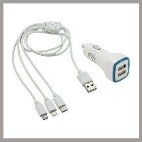   Dvojni USB avtomobilski polnilnik + 3 v 1 polnilni kabel – Micro USB, USB-C, združljivost z iPhone 07683