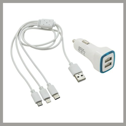 Dvojni USB avtomobilski polnilnik + 3 v 1 polnilni kabel – Micro USB, USB-C, združljivost z iPhone 07683