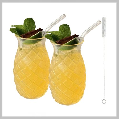 Tropski set kozarcev z motivom ananasa – 2 kos, 480 ml, s slamico in krtačko za čiščenje EQ2732526