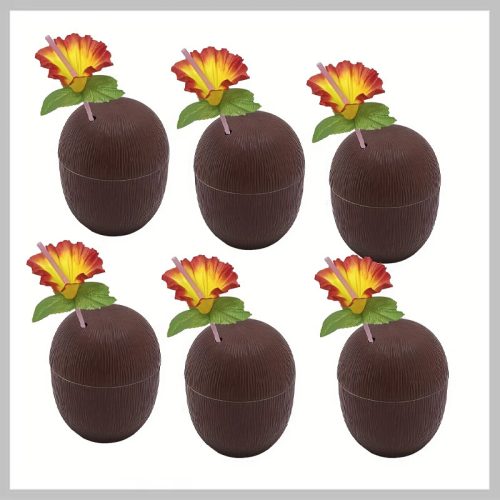 Tropski kokosov kozarec – komplet 6 kosov s cvetom hibiskusa in slamico FA2540717