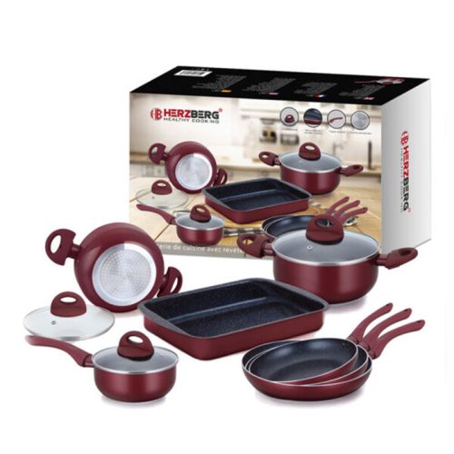 Herzberg 10-delni set posode z marmornim premazom - bordo HG-9016BR