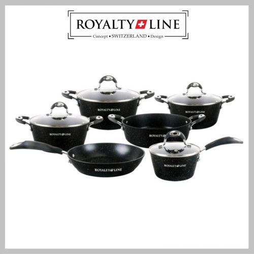 Royalty Line 10-delni set posode za večerjo s steklenim pokrovom, marmornat zaključek RL-5010BLC