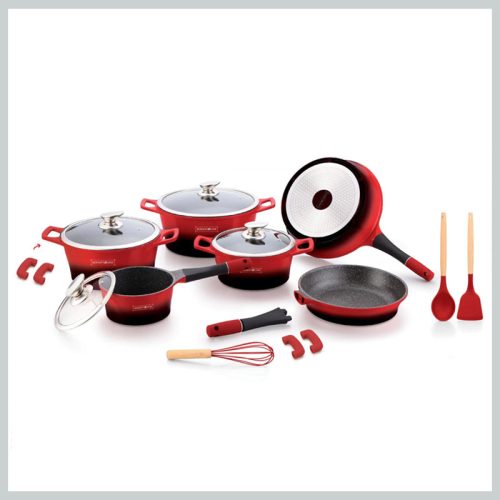 Royalty Line RL-ES1014MR: 17-delni komplet posode z marmornim premazom – rdeč