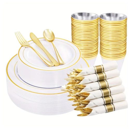 Eleganten jedilni servis za enkratno uporabo z zlatim robom – 70-delni set za zabave UJ2394684